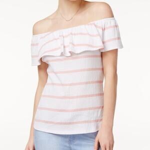 Maison Jules XS White Pink Stripe Crepe Textured Off Shoulder Ruffle Top